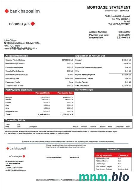Izrael Bank Hapoalim wyciąg z kredytu hipotecznego szablon Word i PDF